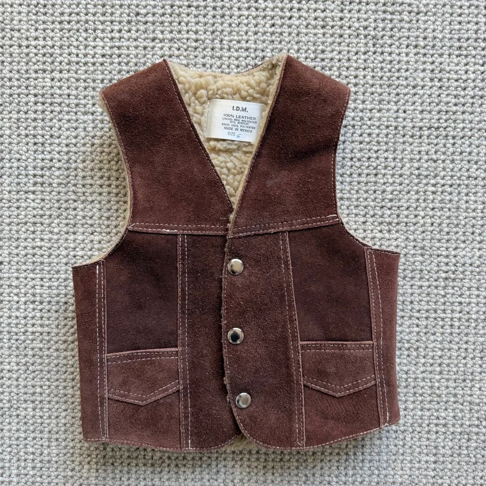 Vintage I.D.M. Kids Brown Suede Leather Faux Shearling Lined Western Vest Size 6